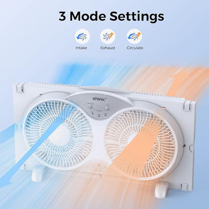 shinic 9" Twin Window Fan with Reversible Airflow, Removable Cover and Bug Screen, Remote Control, 3 Functions-3 Speeds, Width Adjustable (23.5" to 37"), Bathroom Kitchen Window Fan ETL Certified