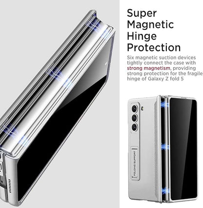 Miimall for Samsung Galaxy Z Fold 5 Case with Privacy Screen Protector, Built-in Adjustable Kickstand & Magnetic Hinge Protection All-Inclusive Protective Case for Galaxy Z Fold 5 5G(Silver)
