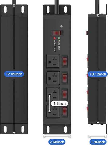 CCCEI Heavy Duty Surge Protector Power Strip 20 Amp Individual Switches. 20FT 12 Gauge Extension Cord with Multiple Outlets. Kitchen, Garage, Shop, Industrial Wall Mount Electric Extender, Black.
