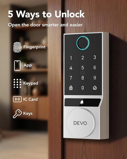 Devo G2 Fingerprint Smart Door Lock, Keyless Entry Door Lock, App Control, Smart Locks for Front Door, Smart Deadbolt Lock, Built-in Bluetooth, Touchscreen Keypad, 8 Months Battery, IP54 Waterproof
