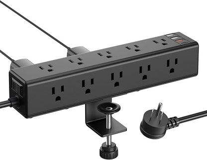 CCCEI Standing Desk Clamp Power Strip with 15 Outlets, Widely Spaced Desktop Edge Mount Surge Protector Outlet, Fast Charging USB-A and USB-C Ports, 4 FT Flat Plug, Black Fit 1.6 inch Table top.