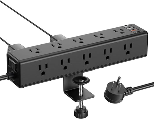 CCCEI Standing Desk Clamp Power Strip with 15 Outlets, Widely Spaced Desktop Edge Mount Surge Protector Outlet, Fast Charging USB-A and USB-C Ports, 4 FT Flat Plug, Black Fit 1.6 inch Table top.