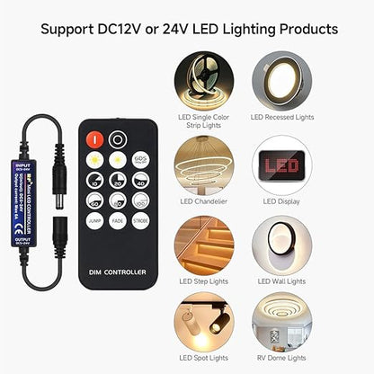 BTF-LIGHTING Mini RF Dimmer Controller 14 Keys for FCOB 3014 5630 5730 3528 Strip Lights DC5V/DC12V/DC24V Brightness Mode Effect Mode Wireless LED Dimmer Controller(Single Color)