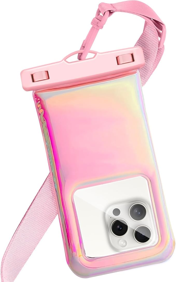 Floatable Waterproof Phone Pouch Case for iPhone 16 Pro Max/15/14/13/12, IP68 Travel Cellphone Dry Bag, Beach Cruise Ship Essentials Bags with Crossbody Lanyard, Iridescent Pink 1 Pack