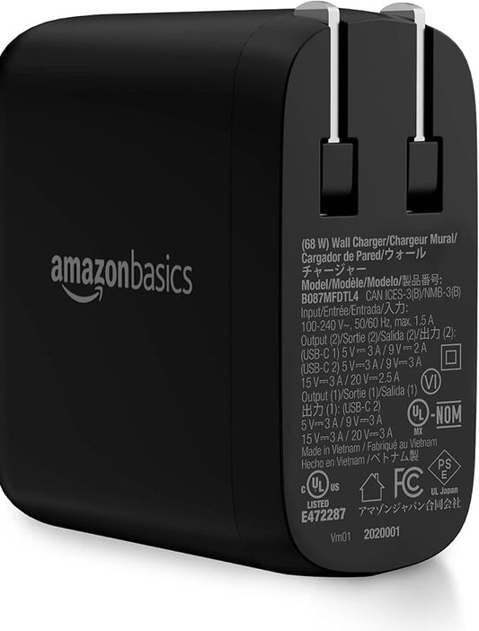 Amazon Basics 68W Two-Port GaN Wall Charger with 2 USB-C Ports (60W, 18W) with PD for Laptops, Tablets & Phones (iPhone 16/15/14/13/12/11/X, iPad, MacPro, Samsung, and More), Non-PPS, Black