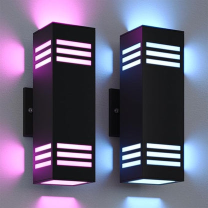 rosykite Smart Outdoor Sconce Lights 2 Pack, Up Down Wall Porch Lights RGB Color Changing WiFi APP Control, Dimmable LED Exterior Wall Lighting Fixtures Work with Alexa,No Hub Required,ETL Listed