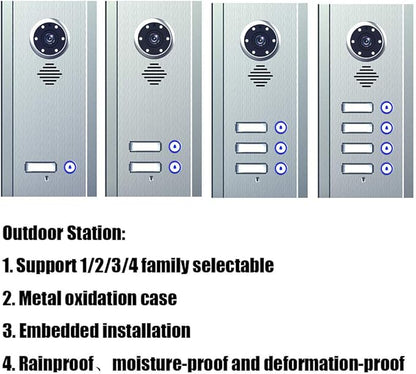 4 Apartment Bus 2 Wire Video Door Phone Intercom Systems 7 Inch Kit for Electronic Door Lock Home Night Vision