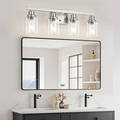 DIKAIDA Bathroom Vanity Light, 4-Light Nickel Modern Matte Wall Sconce Lighting with Clear Glass Shade, Wall Lights,Bath Vintage Wall Mounted Lamps for Mirror Bedroom Living Room