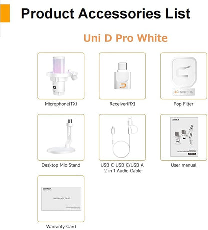 COMICA Wireless USB Microphone for Computer and Smartphone,48kHz/24bit RGB Cardioid Condenser Gaming Mic for Podcasting,Streaming,Recording,with Desktop Stand-White(EJoy Uni Pro D)