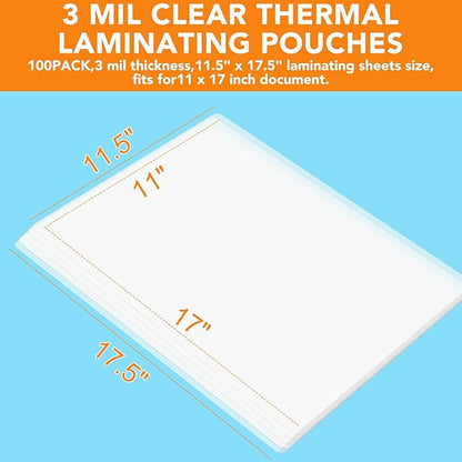 CAREGY 100 Pack Laminating Sheets, Hold 11 x 17 Inch Sheet, 3 Mil Clear Thermal Laminating Pouches 11.5 x 17.5 Inch Lamination Sheet Paper for Laminator, Round Corner