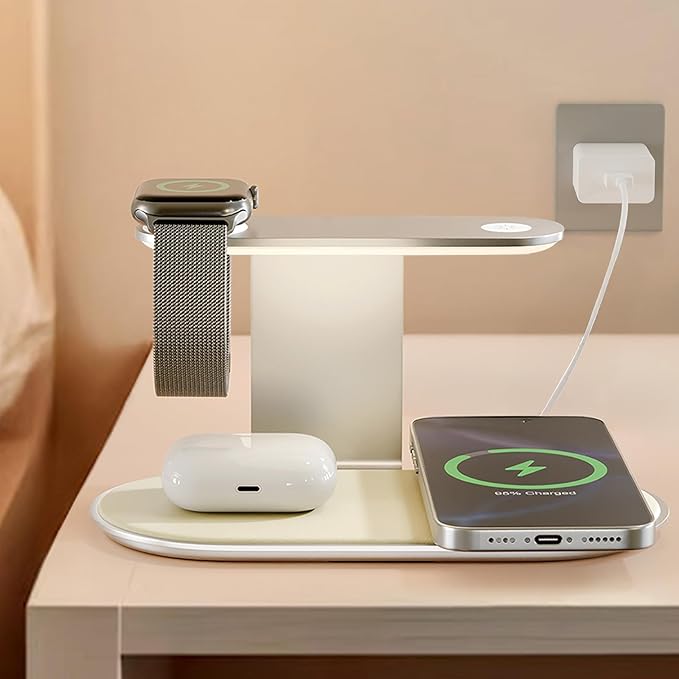 4-in-1 for Magsafe Wireless Charging: 15W Qi Magnetic Fast Charger Station Pad with Night Light for iPhone 16 15 14 13 12 Pro Max - for Apple Watch and AirPods Series - Desk Nightstand Bedside, Silver