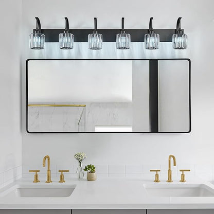 FDPBY 6-Light Crystal Vanity Light, Black Modern Wall Sconce with K9 Crystal Shades, 51.18" Long Over Mirror Lighting for Bathroom, Makeup, Hallway, Elegant & Easy Install