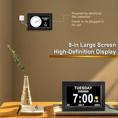 CAZOKASI 8inch Extra Large Impaired Vision Digital Alarm Clock with Day and Time for Elderly Calendar Clock Auto Dimmable Clock