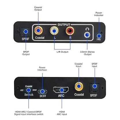 HDMI ARC Audio Extractor,DAC Converter,192KHz Digital to Analog Audio Converter,Optical/SPDIF Coaxial Stereo L/R RCA 3.5mm