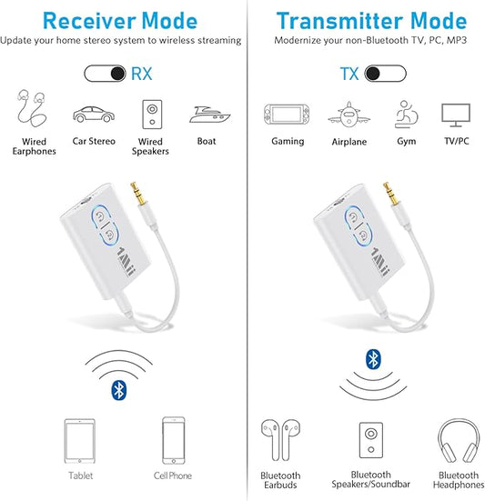 1Mii Bluetooth Transmitter Receiver for TV/Airplane to Headphones, Bluetooth 5.3 AUX/RCA Audio Adapter with aptX Adaptive/Low Latency/HD Audio, Dual Link, Wireless Receiver for Home Stereo, Boat, Gym
