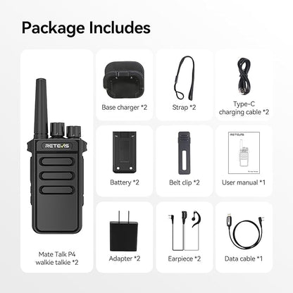 Retevis MateTalk P4 Digital Walkie Talkies with Earpice, Dual Mode, Secure Call, Long Range Waterproof 2 Way Radio for Adults, Rechargeable, Type-C, VOX, DMR Radio for Hotel School Church(2 Pack)