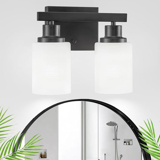 DIKAIDA Bathroom Light Fixtures Over Mirror, 2-Light Modern Matte Black Vanity Lights with White Frosted Glass Shade, Bathroom Wall Lamp Sconces for Mirror Bedroom, Living Room Hallway Small Space