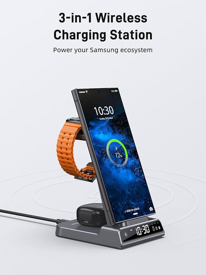 Wireless Charger for Samsung Charging Station, 3 in 1 Android Phone Wireless Charger for Samsung Galaxy S25 Ultra/S24 Ultra/S23/Z Fold7/Flip7/Buds, for Galaxy Watch 8/Ultra/7/6/5/4/3 (Grey)