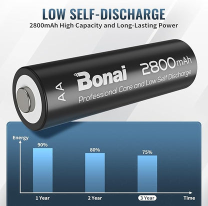 BONAI Rechargeable AA Batteries with Charger, 8+1 Bay Battery Charger with LCD Display for 1.2V NiMH AA AAA 9V, 2800mAh High Capacity Low Self Discharge- 8 Pack