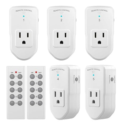 BN-LINK Wireless Remote Control Outlet Electrical Switch for Lights, Fans, Christmas Lights, Small Appliance, 100ft Long Range White (Learning Code, 5Rx-2Tx) 1200W/10A, ETL & FCC Certified