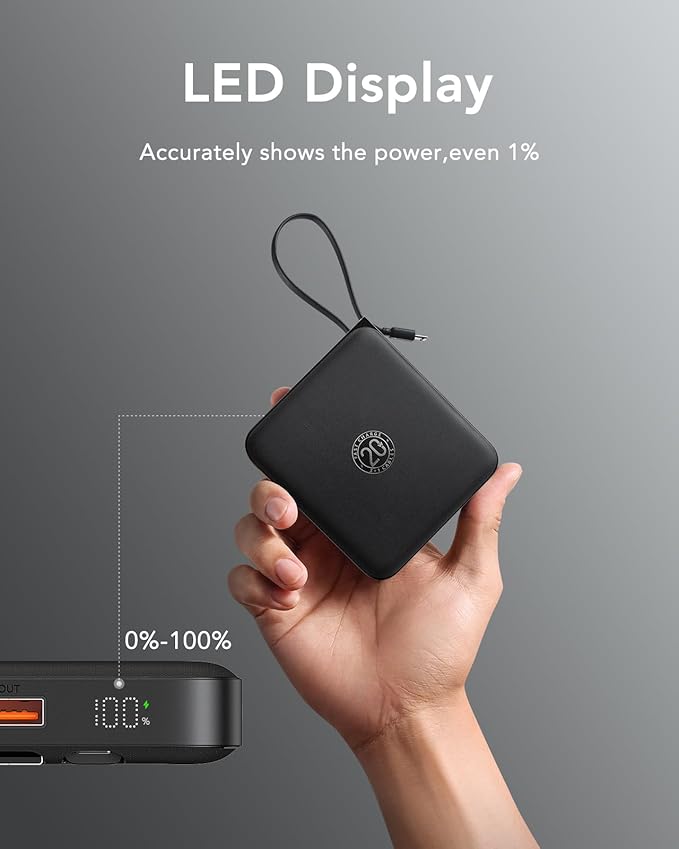 VRURC Portable Charger with Built-in Cable, 10000mAh 22.5W Fast Charging USB C Battery Pack, Cell Phone Power Bank for iPhone 16 15 14 Samsung Galaxy S25 S24 S23 Series Android Tablet, Black(1 Pack)