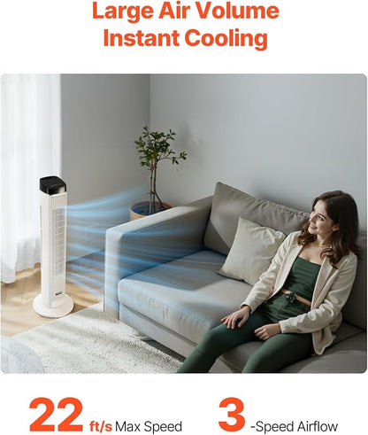 VEVOR Tower Fan, 22 ft/s Velocity Quiet Floor Fan, 70° Oscillating Fans for Indoors with 3 Speeds, 4 Modes, 12H Timer, Portable Standing Bladeless Fan with Remote Control for Bedroom, Office, Home