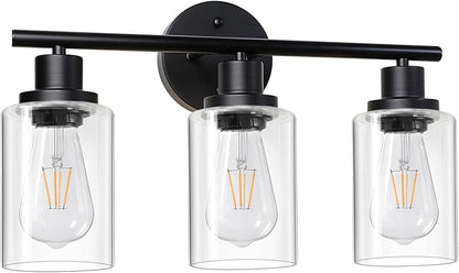 Unicozin Modern Bathroom Light Fixtures, 3 Light Vanity Lights, Black Wall Lamp with Clear Glass for Bathroom, Mirror, Living Room, Bedroom, Hallway, E26 Base