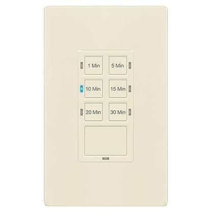 TG 30-Minute Countdown Timer Switch, 1-5-10-15-20-30 Min, for Bathroom Fans, Heaters, Lights, LED Indicator, 120VAC 800W, Neutral Wire Required, UL Listed, Screwless Wall Plate, Light Almond
