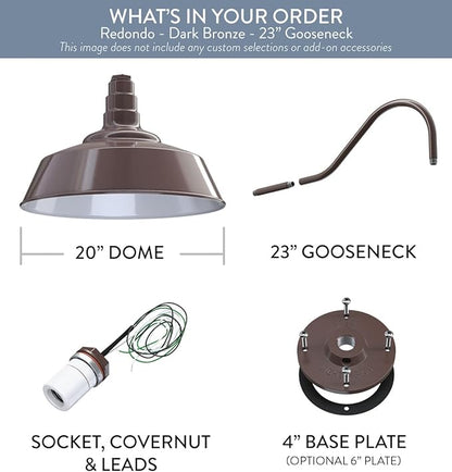 Steel Lighting Co. Large Outdoor Barn Light | Gooseneck Light Fixture | Made in America from 18-Gauge Steel | 20" Dome | 23" Gooseneck Dark Bronze Exterior/White Interior