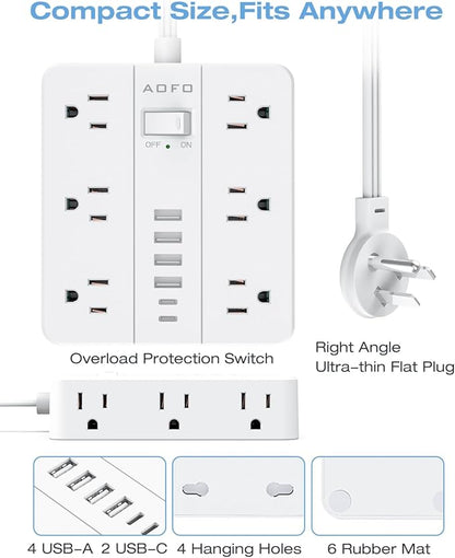 AOFO 25FT Surge Protector Power Strip,12 AC Outlets with 6 USB Ports (2 USB-C), Flat Plug Extension Cord with Multiple Outlets, Wall Mount for Home Office,Dorm, White
