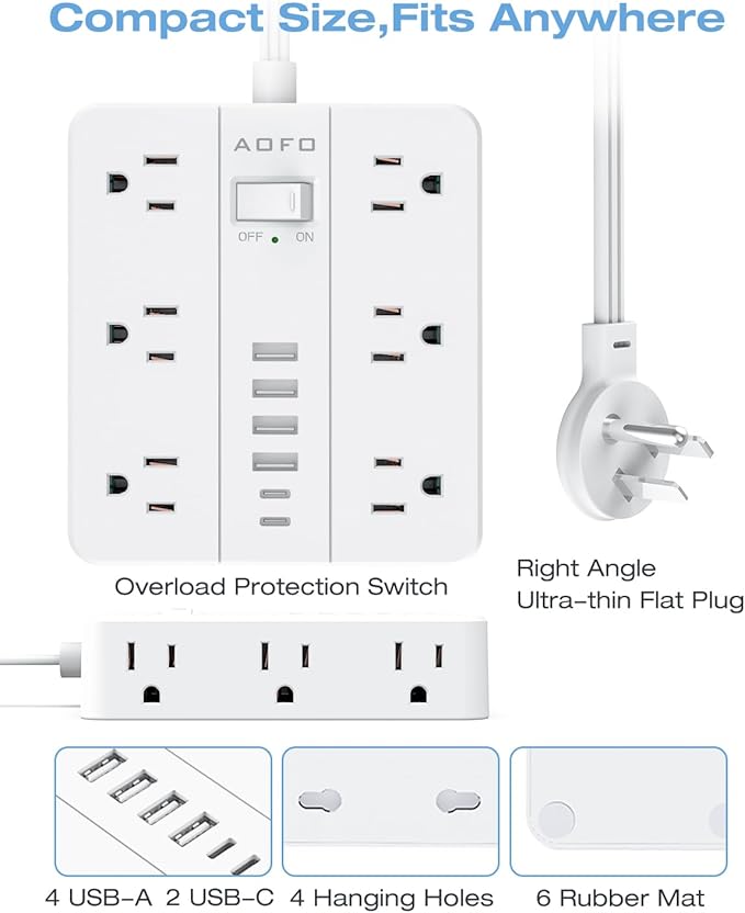 AOFO 20FT Surge Protector Power Strip,12 AC Outlets with 6 USB Ports (2 USB-C), Flat Plug Extension Cord with Multiple Outlets, Wall Mount for Home Office,Dorm, White