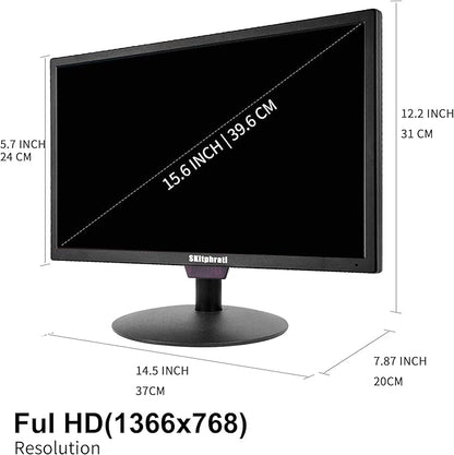 SKitphrati 15.6 Inch Small Computer PC Monitor, 1366x768 Video Screen With HDMI VGA BNC Ports, VESA Mounting, NVR/DVR for Home Office, Built-in Speakers