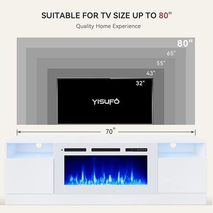 YISUFO 70" TV Stand with 36" Electric Fireplace, Large Modern Media Entertainment Center with Storage Cabinet and 12 Colors LED Lights for TVs Up to 80",All White
