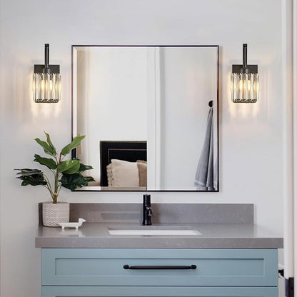 FDPBY Wall Sconces, Set of 2 Black Crystal Vanity Lights, Modern Wall Lamp for Bathroom, Hallway, and Makeup, Easy Installation