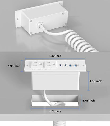 Recessed Power Strip USB C 65W Fast Charging Station,in Drawer Outlet,Furniture Flush Mount for Desktop,Workspace Essential Desk Outlet (White, 6FT)