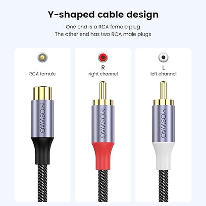 MOSWAG RCA Splitter 1 Female to 2 Male 2 Pack, RCA Y Splitter Audio Video Cable Splitter Adapter for Amplifiers, Gaming Consoles, CD Player, Subwoofer, Home Theater, HDTV