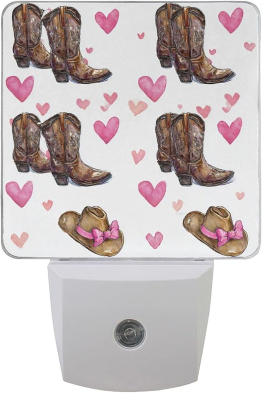 Pigsaly Led Night Light Cowgirl Hat Boots Pink Bow Hearts Night Light Plug in Wall Lamp Smart Dusk to Dawn Sensor Nightlight Led Lamp Energy Saving Lights Gift for Kids Room Bedroom Bathroom Hallway
