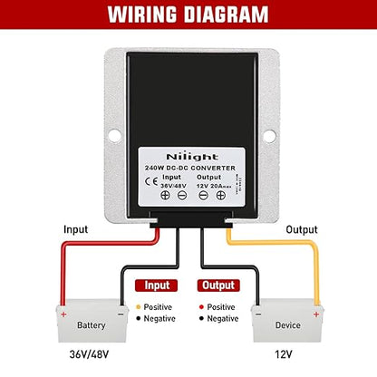 Nilight 48V 36V to 12V Voltage Converter 240W 20A Regulator Step Down to 12VDC Waterproof DC Convert Reducer Power Supply Transformer Module for Golf Cart Scooters