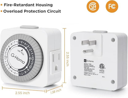 G-Homa Timers for Electrical Outlets, 24 Hour Indoor Plug-in Mechanical Timer Mini, 30 Minute Intervals, 3-Prong, Daily On/Off Cycle, for Lights, Lamps (2-Pack,ETL Listed) White
