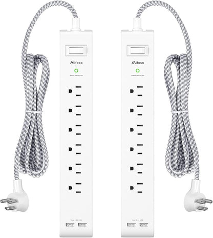 2 Pack Power Strip - 15FT Long Extension Cord, Surge Protector with 6 Outlets and 2 USB Charging Ports, Flat Plug Overload Protection, (1625W/13A/900J), Wall Mount for Home Office and Dorm, ETL Listed