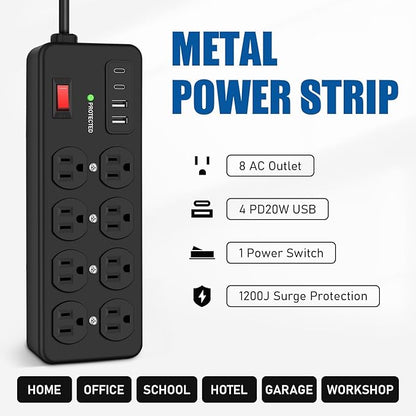 Heavy Duty Power Strip with USB,8 Outlet Workshop Metal Power Strip,PD20W USB C 15A 1200 Joules Surge Protection,Wide Spaced,6FT Cord