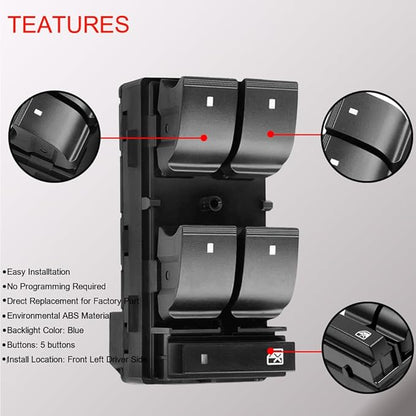 Power Window Master Control Switch Front Left Driver Side fit for 2007-2013 Chevy Silverado GMC Sierra 1500 2500HD 3500HD Traverse HHR Buick Enclave Replaces OE 25789692, 20945129, 25951963, 20945224