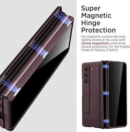 Miimall for Fold 6 Case with Privacy Screen Protector, Z Fold 6 Phone Case Stand, Heavy Duty, Full-Body Magnetic Hinge Protection Shockproof All-Inclusive Cases for Galaxy Z Fold 6 Wine Red