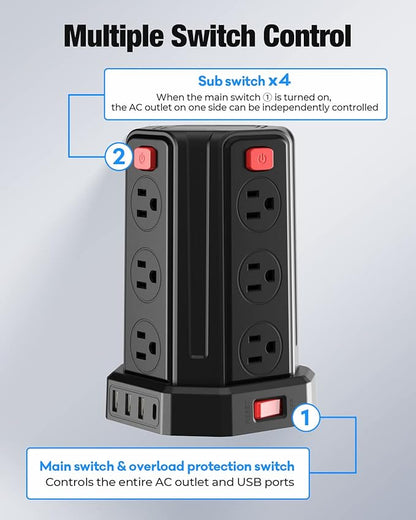 Power Strip Surge Protector, 10 Ft Extension Cord with 12 AC Multiple Outlets 4 USB (1 USB C), SMALLRT Power Tower Desktop Charging Station (Black, 10 FT)