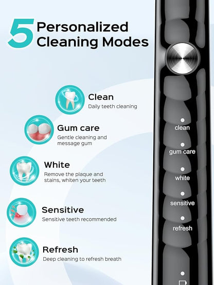 COSLUS Sonic Electric Toothbrush for Adults: 47000 VPM for Deep Cleaning & Whitening with Travel Case - 5 Modes for Sensitive Teeth & Braces, Wireless Charging, 6 Brush Heads for Family, Black (1PC)