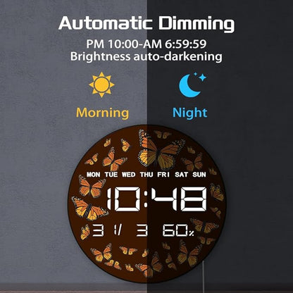 Timethink 12 Inch Butterfly Digital Wall Clock Large Display, Monarch Butterflies Entomology Nature Insect Electric Wall Clock with Temperature, Smart Dimming, Date, 12/24hr, Plug in LED for Kitchen