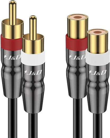 J&D 2 RCA Extension Cable Male to Female, Copper Shell Gold-Plated 2RCA Male to 2RCA Female Cable Stereo Audio Extender Cord Adapter, 6 Feet