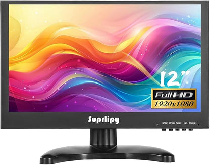 Suprlipy 12 Inch Mini Small HDMI Monitor 1920x1080 16:9 IPS Metal Housing LCD Display Screen Support HDMI/VGA/AV/BNC Input Built-in LounSpeakers for PC CCTV Security Camera RasPi