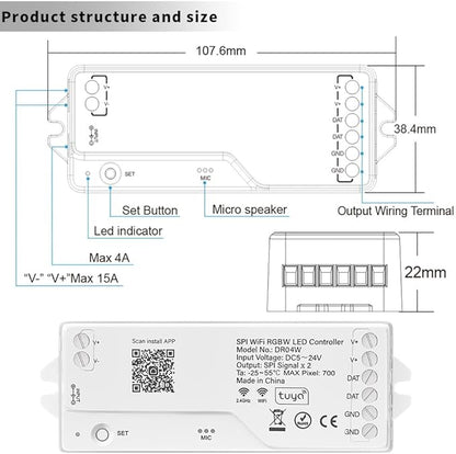 LOAMLIN DR04W RGBW SPI SMD COB 3PIN Addressable LED Strip 2.4GHz Tuya WiFi Controller, Support Alexa Google Home Smartphone APP Control Compatible with WR01RF RC03RFB Remote(No for WS2812B WS2811)