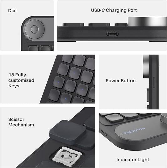 HUION Keydial Mini Bluetooth Programmable Keypad with Dial 5 Keys Anti-ghosting 18 Customized Keys, Wireless Shortcut Keyboard for Drawing Tablet, PC, MacBook, Surface Pro, Laptops
